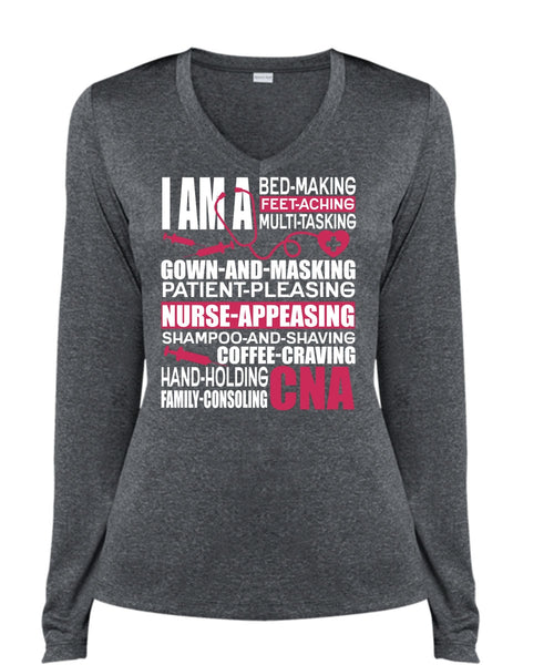 Family Consoling CNA T Shirt, Patient Pleasing T Shirt, Cool Shirt (Ladies LS Heather V-Neck)