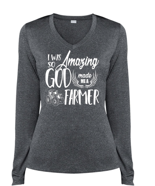 God Made Me A Farmer T Shirt, Being A Farmer T Shirt, Cool Shirt (Ladies LS Heather V-Neck)