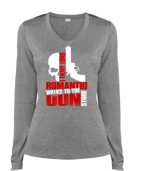 Walks To The Gun Store T Shirt, I Love Gun T Shirt, Cool Shirt (Ladies LS Heather V-Neck)