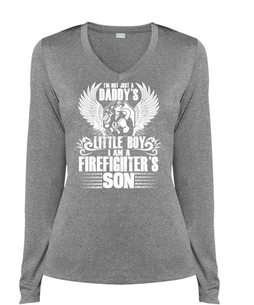 Daddy's Little Boy T Shirt, I Am A Firefighter's Son T Shirt, Cool Shirt (Ladies LS Heather V-Neck)