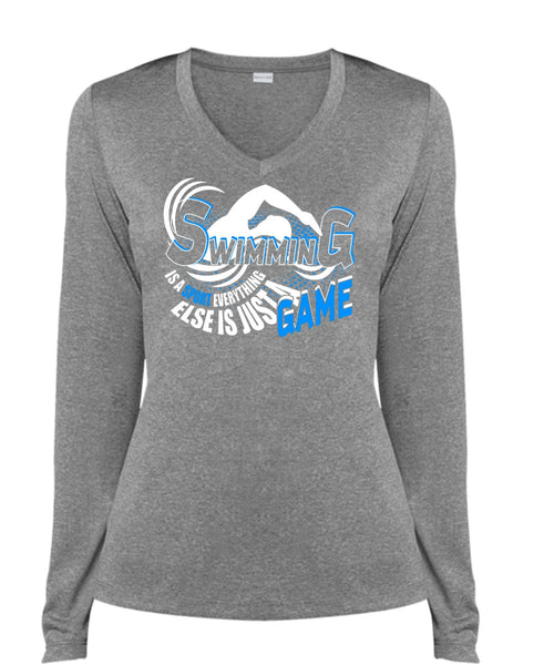 Swimming Is A Sport T Shirt, Else Is Just A Game T Shirt, Cool Shirt (Ladies LS Heather V-Neck)