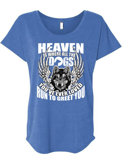 Heaven Is Where All The Dogs T Shirt, Run To Greet You T Shirt, Cool Shirt (Ladies' Triblend Dolman Sleeve)