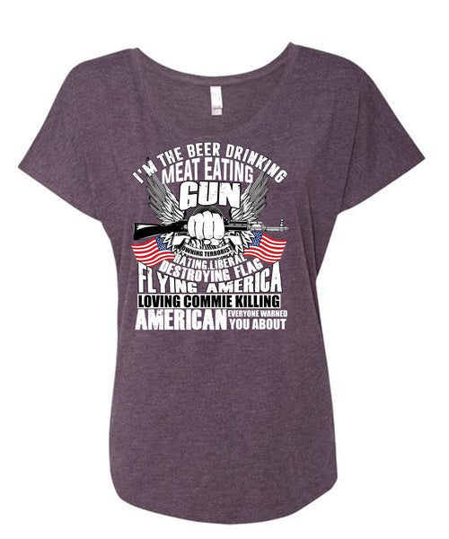 Meat Eating Gun T Shirt, Flying America T Shirt, Cool Shirt (Ladies' Triblend Dolman Sleeve)