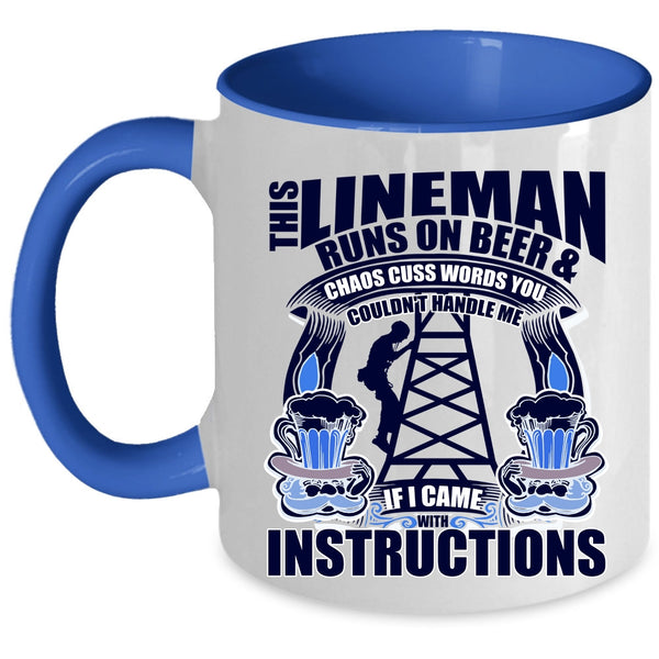 Awesome Linemans Coffee Mug, This Lineman Runs On Beer Accent Mug