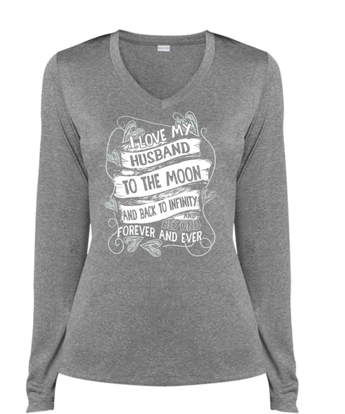 I Love My Husband To The Moon T Shirt, I Love My Wife T Shirt, Cool Shirt (Ladies LS Heather V-Neck)