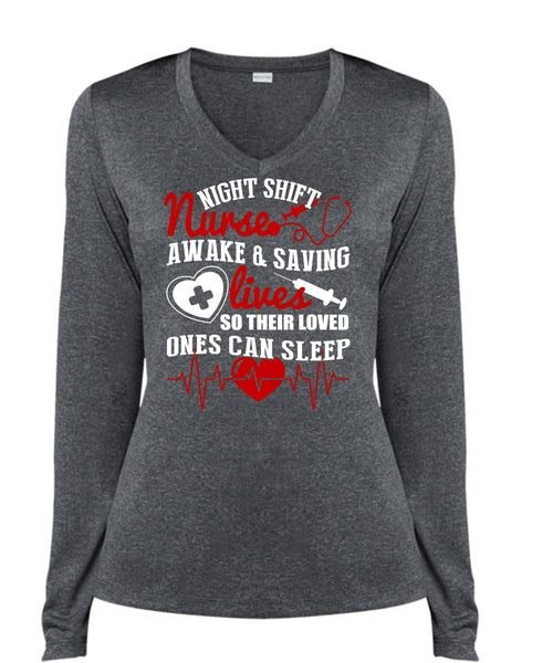 Night Shift Nurse T Shirt, Awake And Saving Lives T Shirt, Cool Shirt (Ladies LS Heather V-Neck)