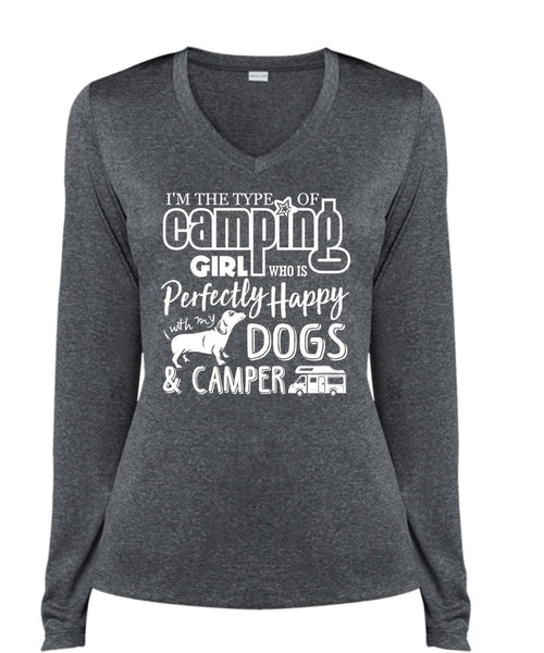 I'm The Type Of Camping Girl T Shirt, Dogs And Camper T Shirt, Cool Shirt (Ladies LS Heather V-Neck)