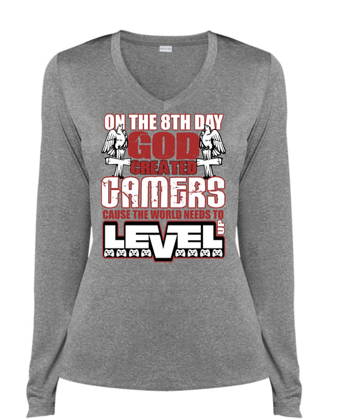God Created Gamers T Shirt, The World Needs To Level Up T Shirt, Cool Shirt (Ladies LS Heather V-Neck)