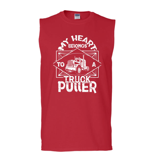 My Heart Belongs T Shirt, To A Truck Puller T Shirt, Cool T Shirt (Men's Cotton Sleeveless)