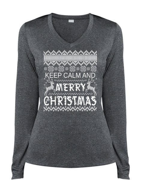 Keep Calm And Merry Christmas T Shirt, This Girl Loves Christmas T Shirt, Cool Shirt (Ladies LS Heather V-Neck)