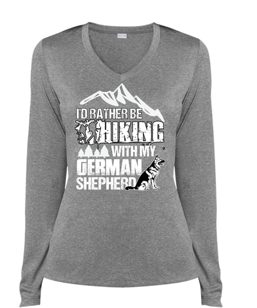 I'd Rather Be Hiking T Shirt, German Shepherd T Shirt, Cool Shirt (Ladies LS Heather V-Neck)