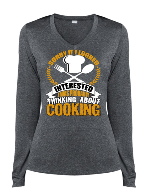 Thinking About Cooking T Shirt, Being A Chef T Shirt, Cool Shirt (Ladies LS Heather V-Neck)