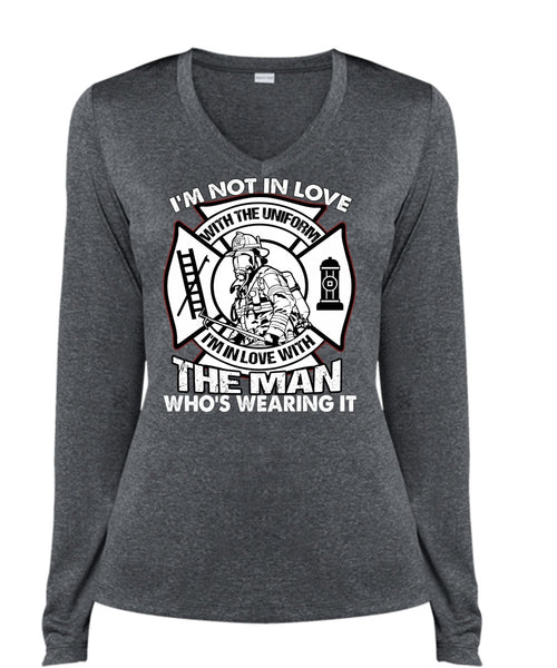 I'm Not In Love T Shirt, Being A Firefighter T Shirt, Cool Shirt (Ladies LS Heather V-Neck)