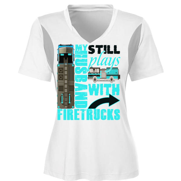 My Husband Still Plays With Firetrucks T Shirt, Being A Husband T Shirt, Cool Shirt (Ladies LS Heather V-Neck)