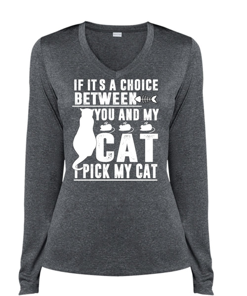 Between You And My Cat T Shirt, I Love My Cat T Shirt, Cool Shirt (Ladies LS Heather V-Neck)