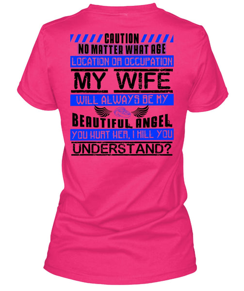 My Wife Will Always Be My Beautiful Angel T Shirt, You Hurt Her T Shirt, Cool Shirt (Ladies LS Heather V-Neck)