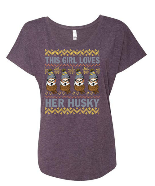 This Girl Loves Her Husky T Shirt, This Girl Loves Christmas T Shirt, Cool Shirt (Ladies' Triblend Dolman Sleeve)
