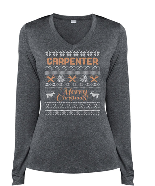 Carpenter Merry Christmas T Shirt, Being A Carpenter T Shirt, Cool Shirt (Ladies LS Heather V-Neck)