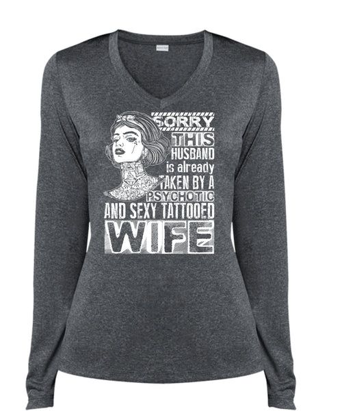 Psychotic And Tattooed Wife T Shirt, Being A Wife T Shirt, Cool Shirt (Ladies LS Heather V-Neck)