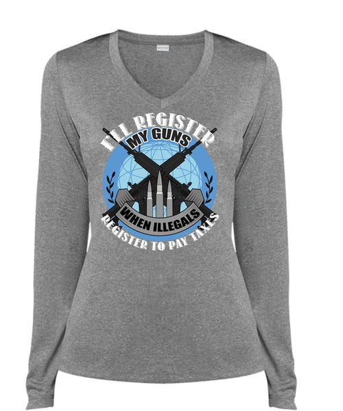 I'll Register My Guns T Shirt, Being A Veteran T Shirt, Cool Shirt (Ladies LS Heather V-Neck)
