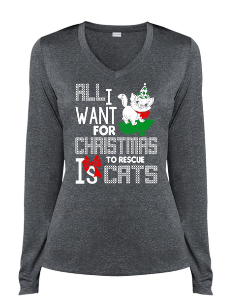 All I Want For Christmas To Rescue Is Cats T Shirt, Pet My Cat T Shirt, Cool Shirt (Ladies LS Heather V-Neck)