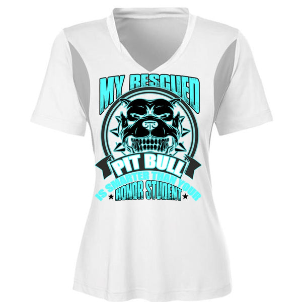 My Rescued Pit Bull Is Smarter T Shirt, My Favorite T Shirt, Cool Shirt (Ladies LS Heather V-Neck)