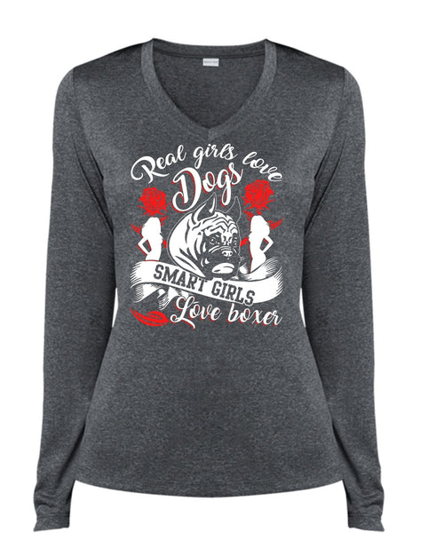 Real Girls Love Dogs T Shirt, Smart Girls Love Boxer T Shirt, Cool Shirt (Ladies LS Heather V-Neck)