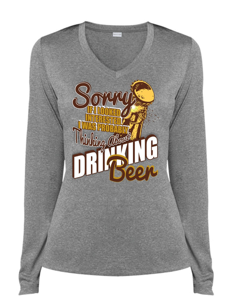 Drinking Beer T Shirt, Being A Drinker T Shirt, Cool Shirt (Ladies LS Heather V-Neck)