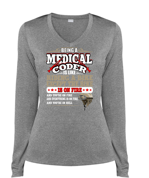 Being A Medical Coder T Shirt, Like Riding A Bike T Shirt, Cool Shirt (Ladies LS Heather V-Neck)