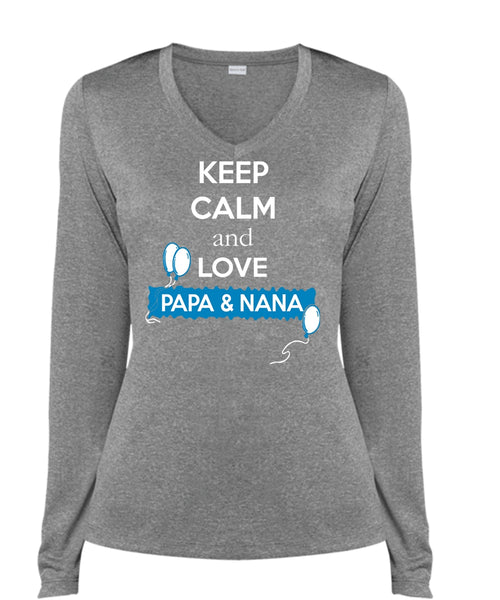 Keep Calm And Love Papa And Nana T Shirt, Father's Day T Shirt (Ladies LS Heather V-Neck)