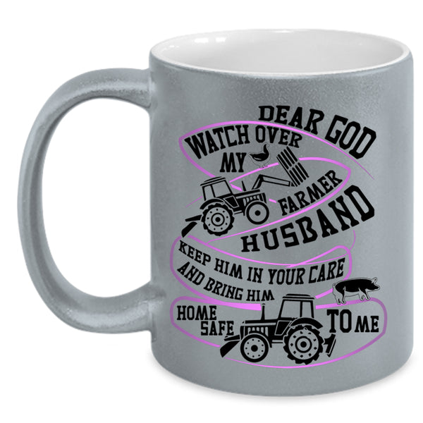 Cool Farmer Husband Coffee Mug, Watch Over My Farmer Husband Accent Mug