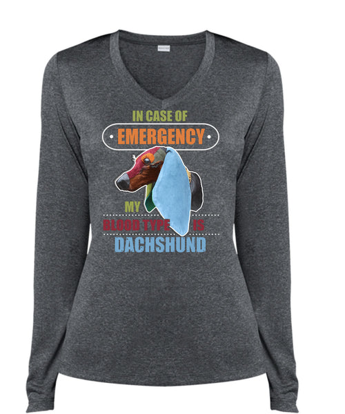 In Case Of Emergency My Blood Type Is Dachshund T Shirt, I Love My Dog T Shirt, Cool Shirt (Ladies LS Heather V-Neck)