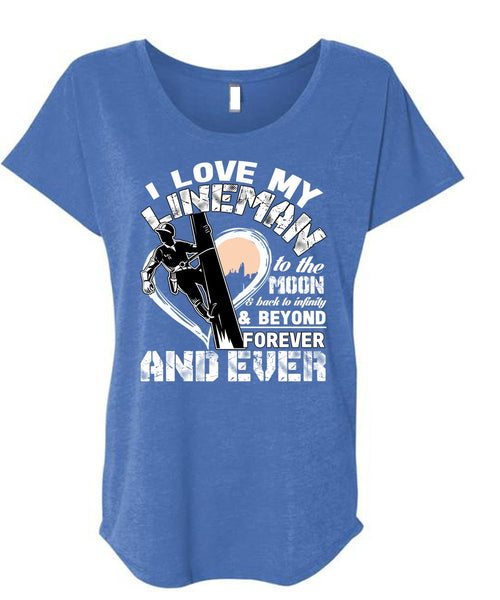 I Love My Lineman T Shirt, Moon And Back T Shirt, Cool Shirt (Ladies' Triblend Dolman Sleeve)