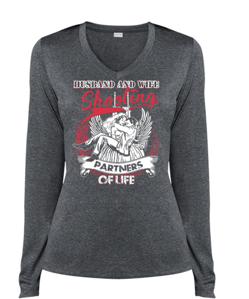 Husband And Wife Shooting Partners Of Life T Shirt, Being A Husband T Shirt, Cool Shirt (Ladies LS Heather V-Neck)