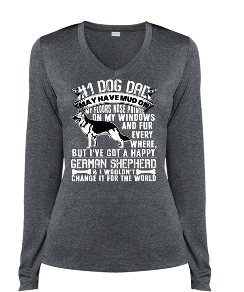 Dog Dad May Have Mud T Shirt, I've Got A Happy German Shepherd T Shirt, Cool Shirt (Ladies LS Heather V-Neck)
