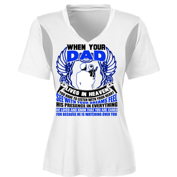 When Your Dad Lives In Heaven T Shirt, He Loved And Know T Shirt, Cool Shirt (Ladies LS Heather V-Neck)