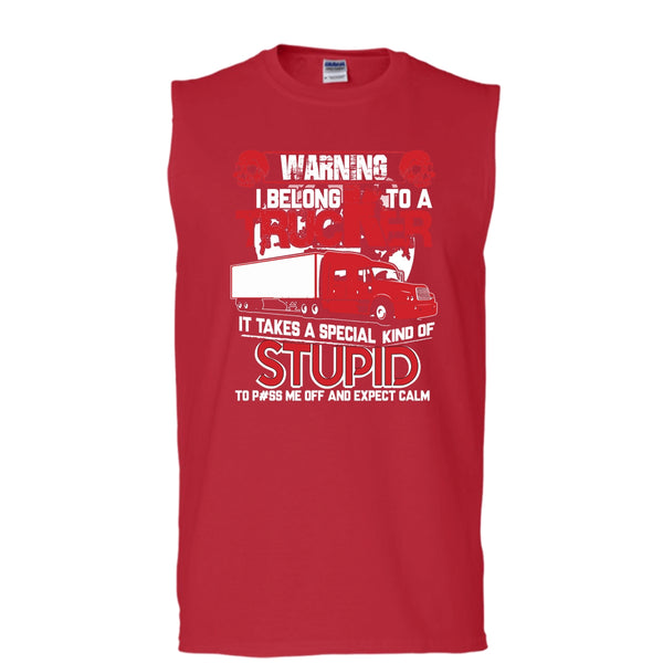 Warning I Belong To A Trucker T Shirt, Trucker's Wife Tank Top (Men's Cotton Sleeveless)