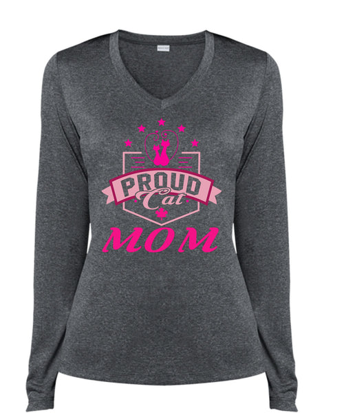 Proud Cat Mom T Shirt, I Love My Cat T Shirt, Cool Shirt (Ladies LS Heather V-Neck)