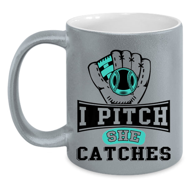 Awesome Softball Player Coffee Mug, I Pitch She Catches Accent Mug