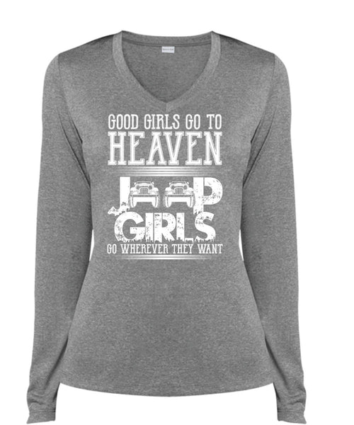 Good Girls Go To Heaven Jeep Girls T Shirt, Being A Driver T Shirt, Cool Shirt (Ladies LS Heather V-Neck)