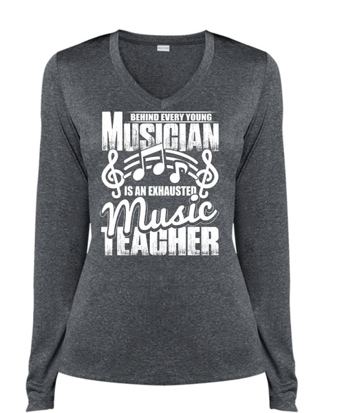 Behind Every Young Musician T Shirt, Music Teacher T Shirt, Cool Shirt (Ladies LS Heather V-Neck)