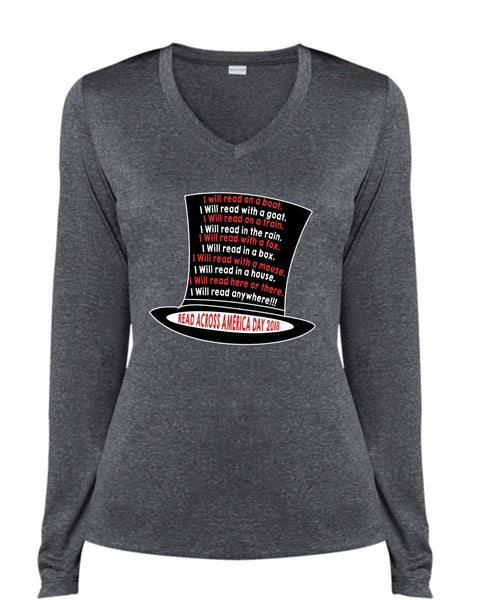 The Cat in the Hat T Shirt, I Will Read With A Goat T Shirt, Dr. Seuss T Shirt, I Will Read Here Or There T Shirt, Cool Shirt (Ladies LS Heather V-Neck)