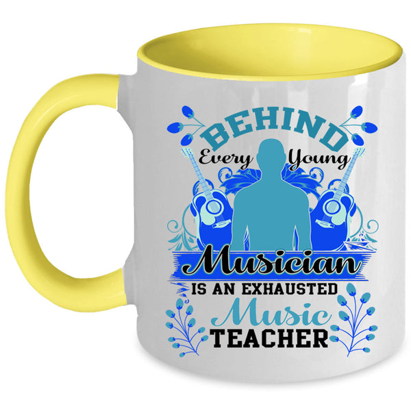 Exhausted Music Teacher Coffee Mug, Behind Every Young Musician Accent Mug