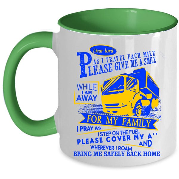 Cute Trucker Coffee Mug, I Travel Each Mile Please Give Me A Smile Accent Mug
