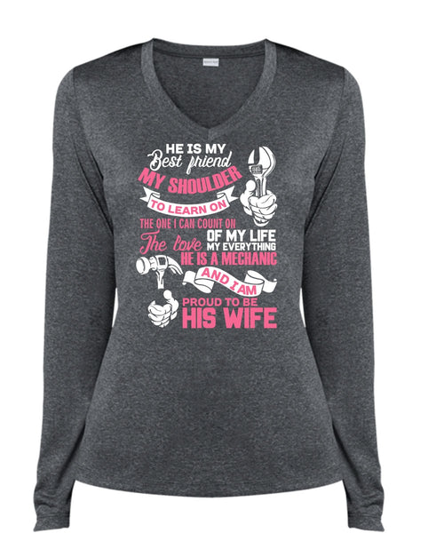 Proud To Be His Wife T Shirt, He Is My Best Friend T Shirt, Cool Shirt (Ladies LS Heather V-Neck)