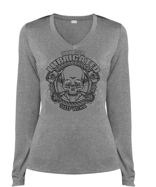 Sleep With A Mechanic T Shirt, Being A Mechanic T Shirt, Cool Shirt (Ladies LS Heather V-Neck)