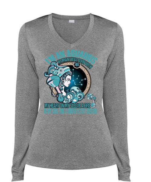 I'm An Aquarius T Shirt, My Heart On My Sleeve T Shirt, Cool Shirt (Ladies LS Heather V-Neck)