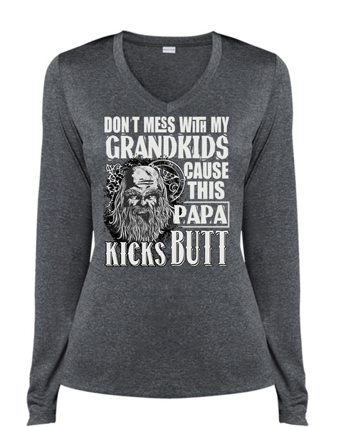 Don't Mess With My Grandkids T Shirt, This Papa Kicks Built T Shirt, Cool Shirt (Ladies LS Heather V-Neck)