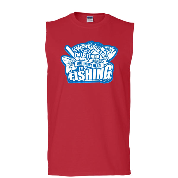 In My Head I'm Fishing T Shirt, I Love Fishing Tank Top (Men's Cotton Sleeveless)