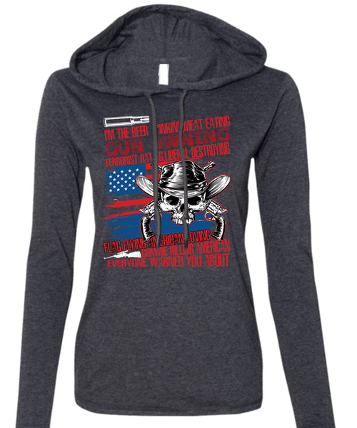 Meat Eating Gun Owning T Shirt, Flag Flying T Shirt (Anvil Ladies Ringspun Hooded)
